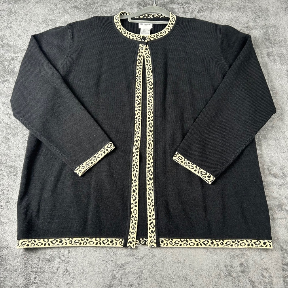 Liz Baker Petite XL Cardigan Sweater Black Leopard Print Trim Open Front Knit